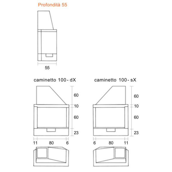 CAMINETTO ANGOLARE REFRATTARIO FRONTE GHISA  Prof. 55 Larg. 100 DX - immagine 2